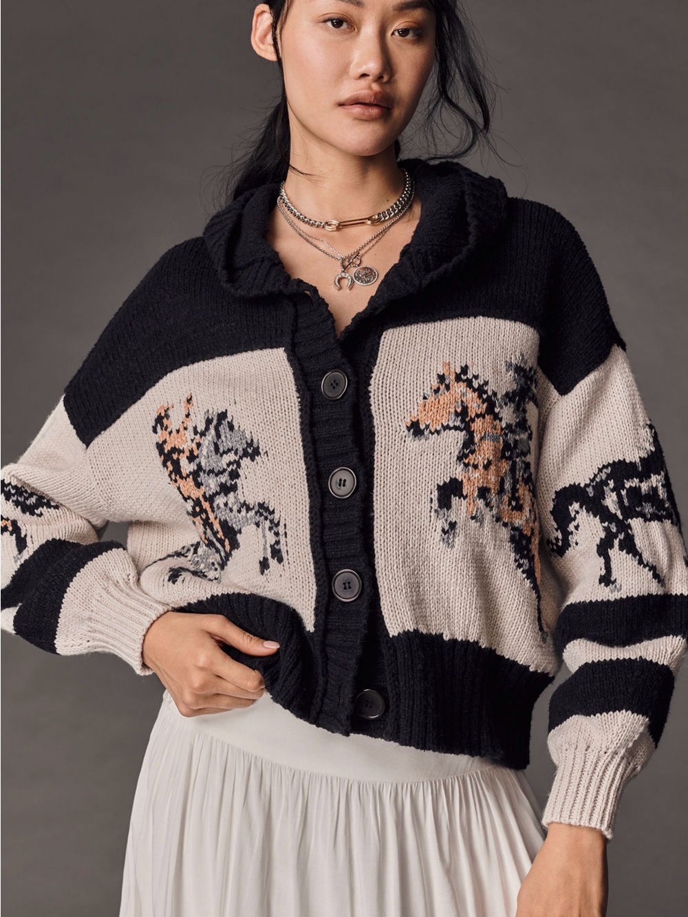 Anthropologie Black and Cream Horse Intarsia Button-Front Cardigan